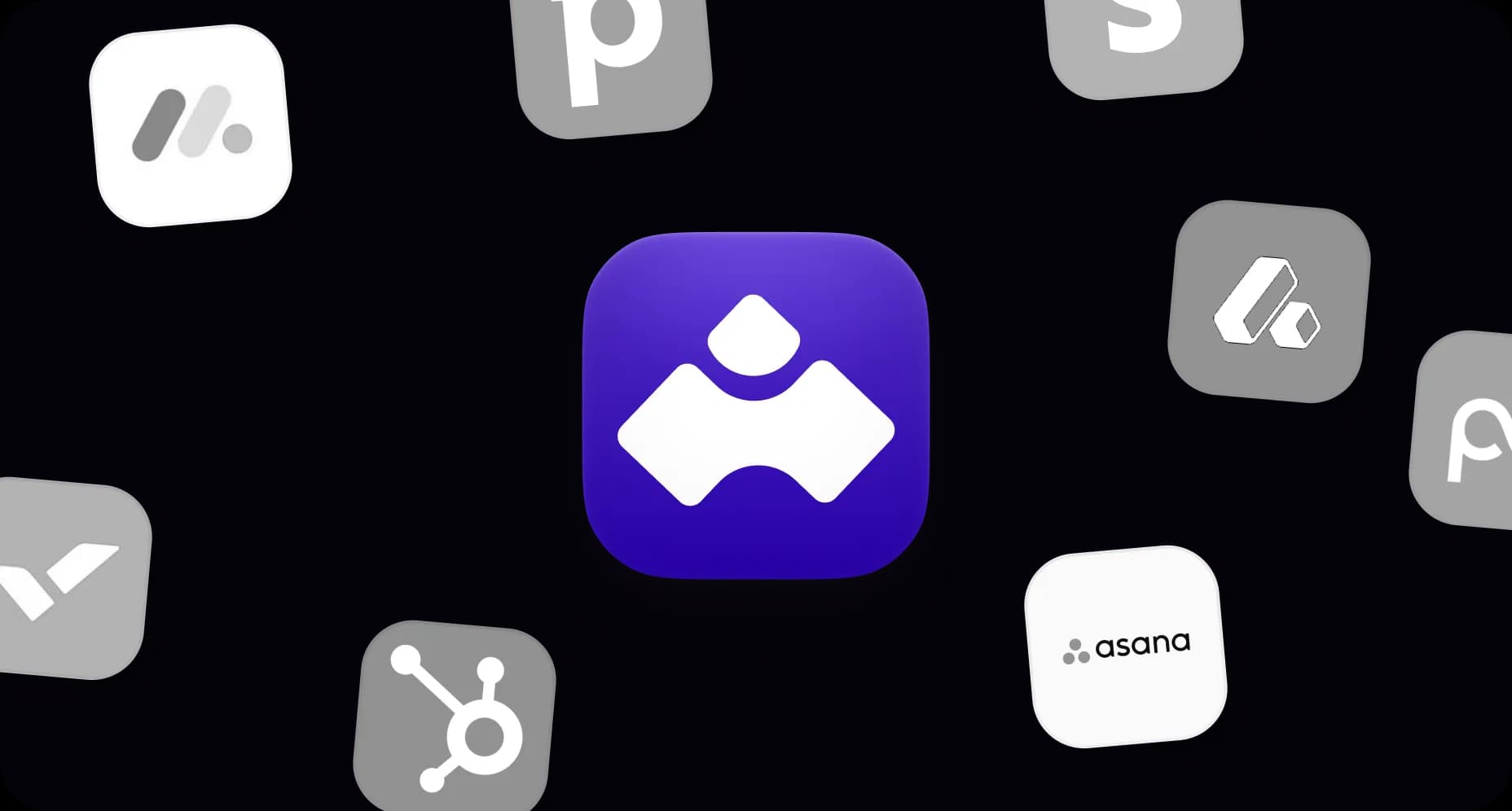 Project management icons on purple, Asana mark highlighted toward the bottom right.