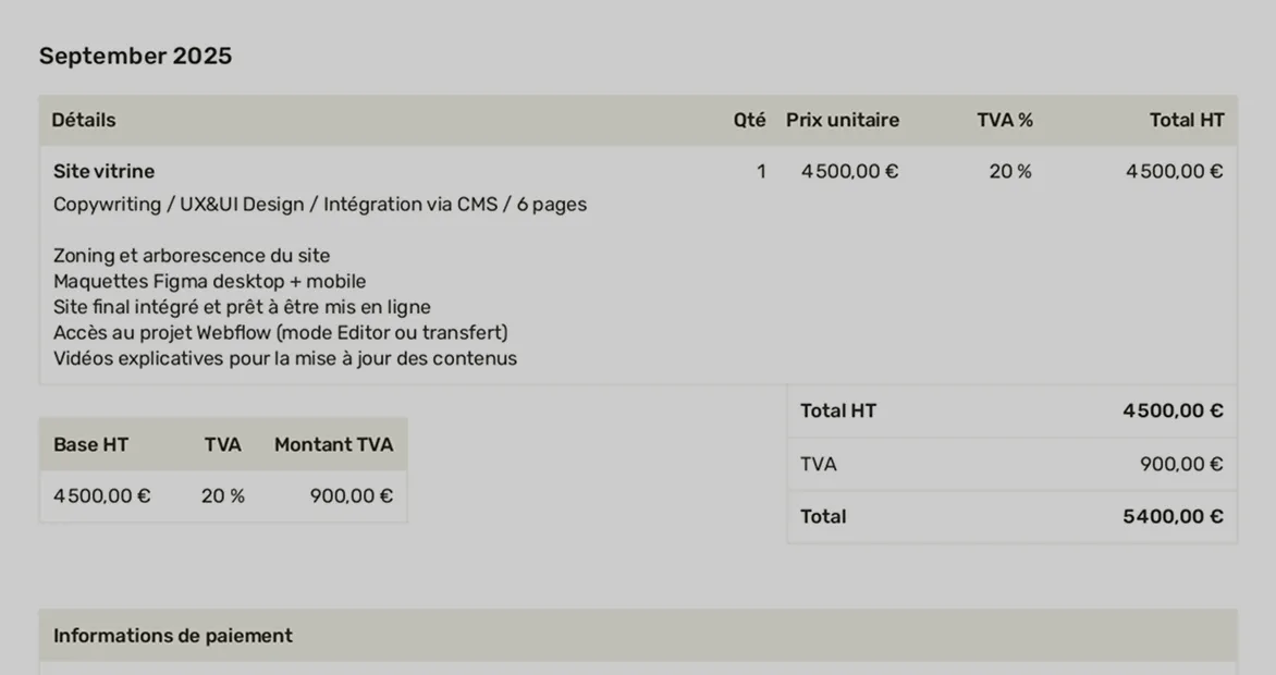 Invoice dated September 2025 for a brochure website: line item qty 1 at €4500,20% VAT, totals shown.