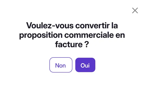 Modal asking to convert the proposal into an invoice with cancel and confirm actions.