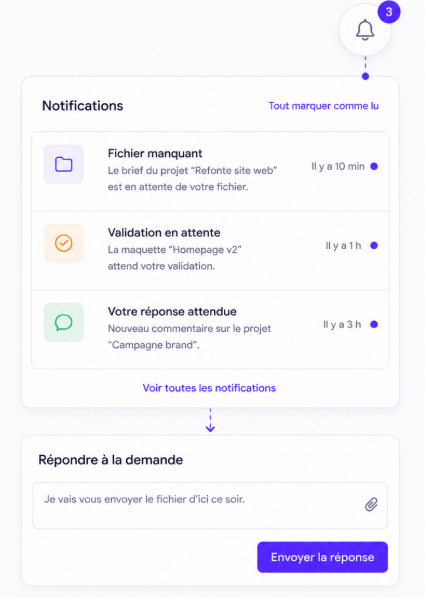 Elevia UI: client notifications and in-portal replies