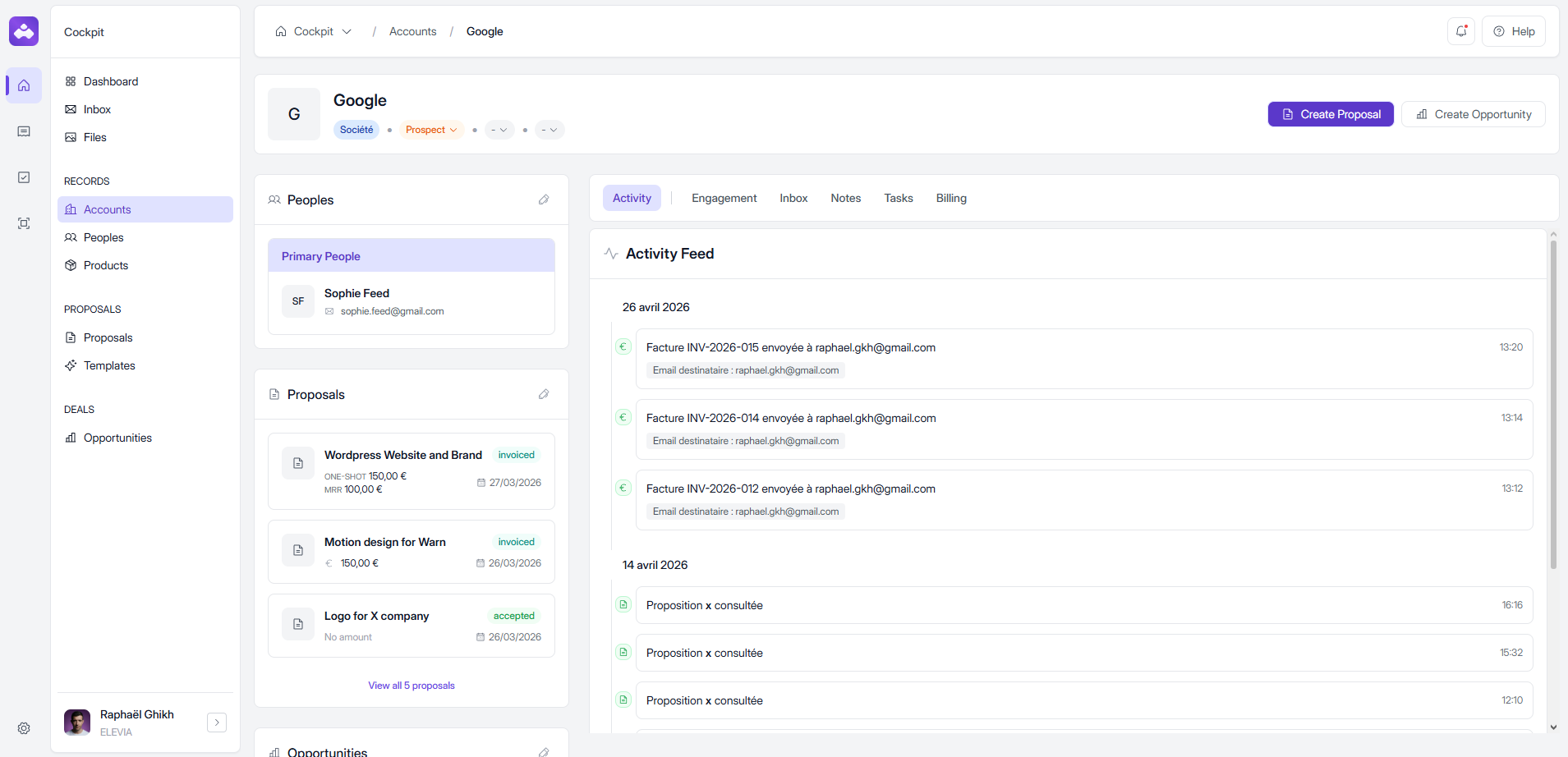 Elevia CRM interface: Google account view with contacts, proposals, opportunities, and activity feed