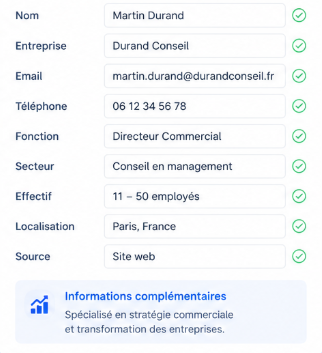 Elevia UI: automatic lead profile enrichment with verified data fields