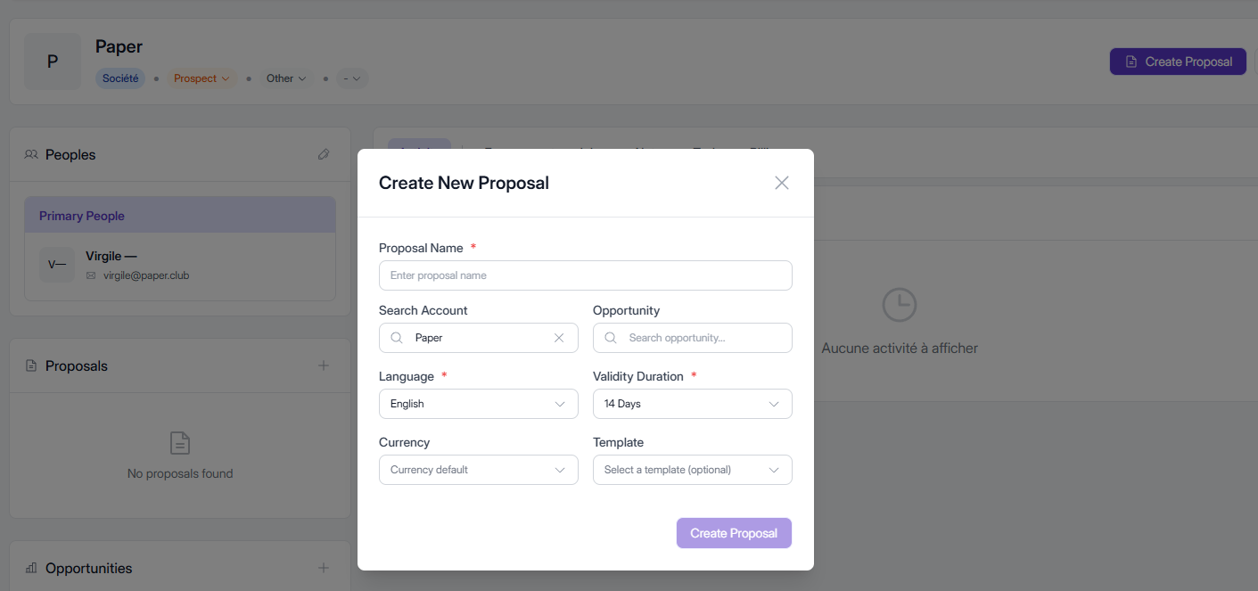 Elevia UI: creating a proposal from a prospect account page