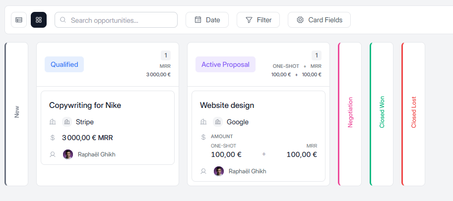Elevia Kanban pipeline: Qualified, Active Proposal columns and deal cards