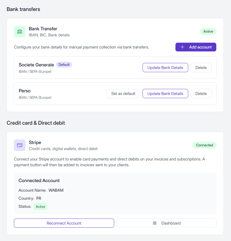 Elevia UI: bank transfer and Stripe payment settings