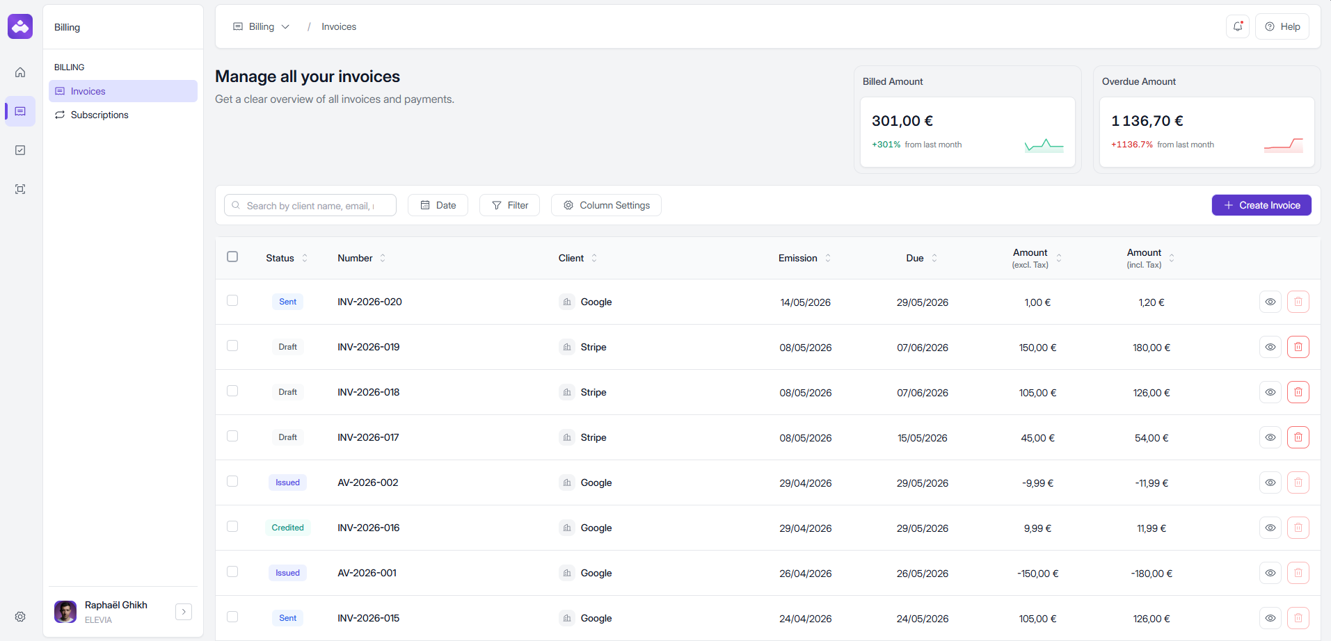Elevia invoices dashboard: list, statuses, billed amounts, and overdue totals.