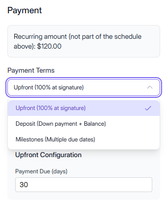 Elevia UI: payment terms and deposit configuration in a proposal