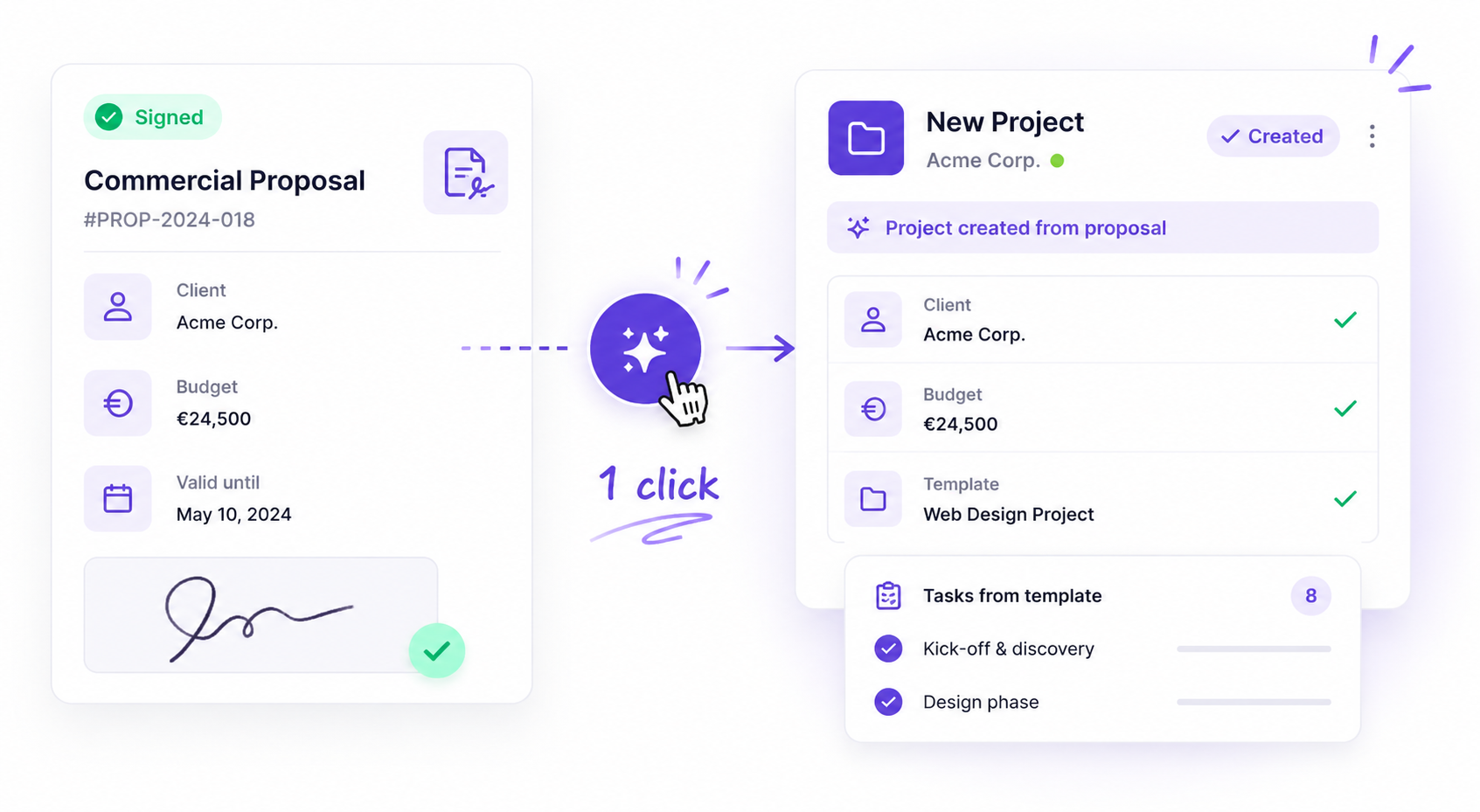 Elevia UI: signed proposal converted to a project in one click