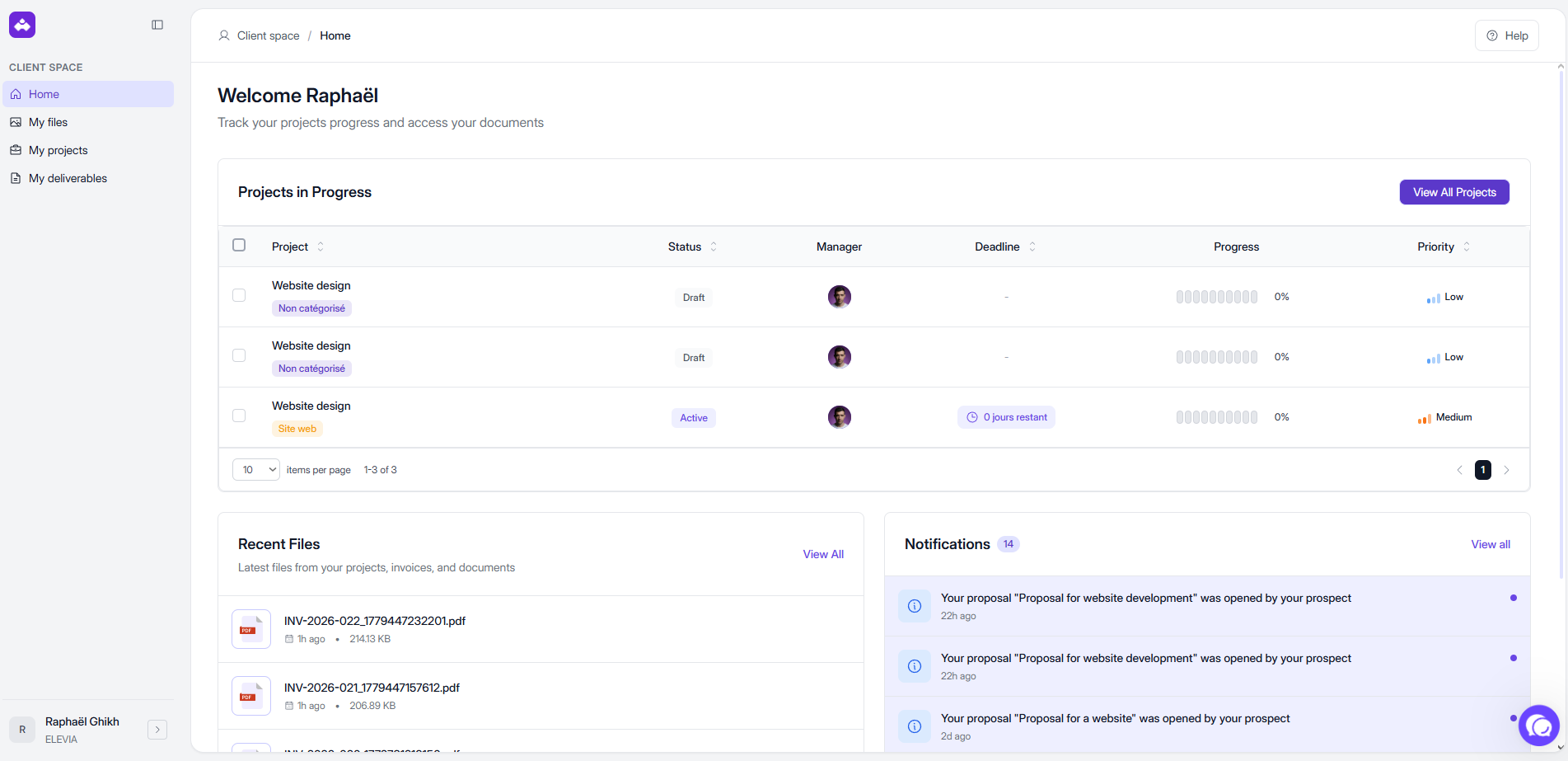 Elevia UI: client portal with project tracking and files