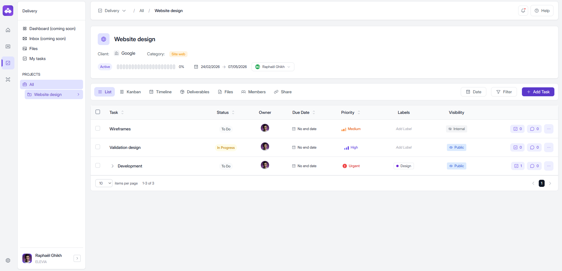 Elevia project management UI for Website design: task list, statuses, and client visibility.