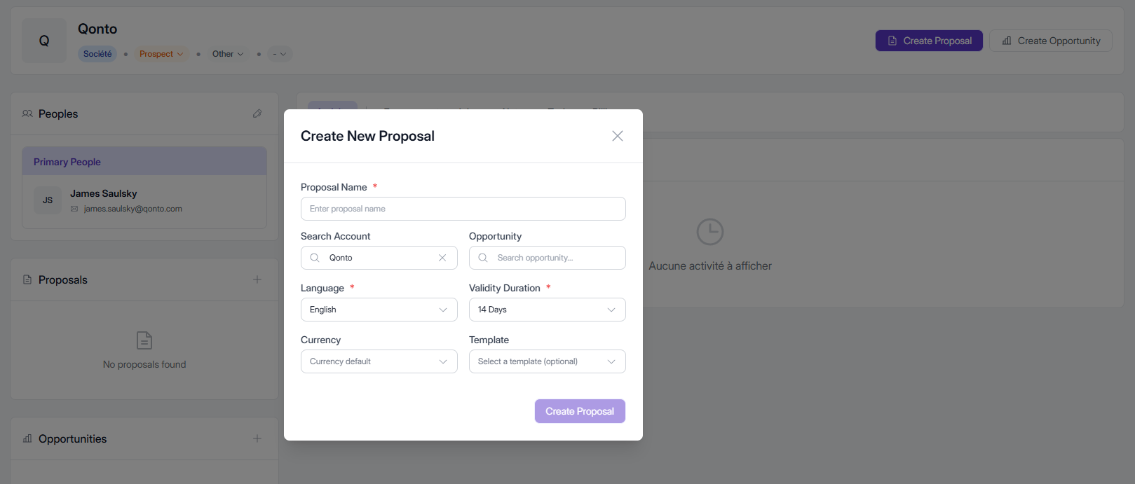 Elevia UI: creating a proposal from a CRM opportunity