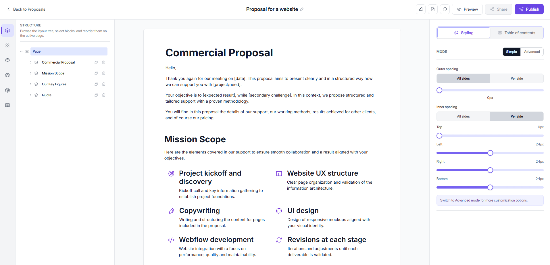 Elevia commercial proposal editor: document structure, content canvas, and styling panel.