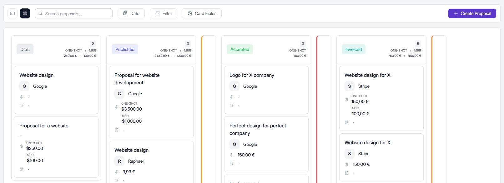 Elevia UI: proposal statuses in the pipeline