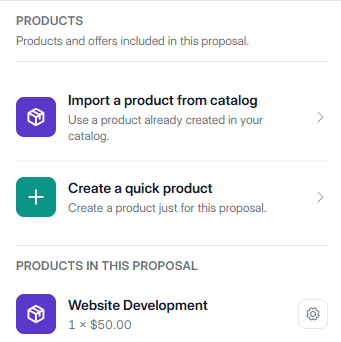 Elevia UI: product catalog and adding items to a sales proposal