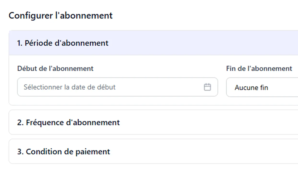 Subscription settings UI showing billing period with start date and optional end, billing frequency, and payment terms.